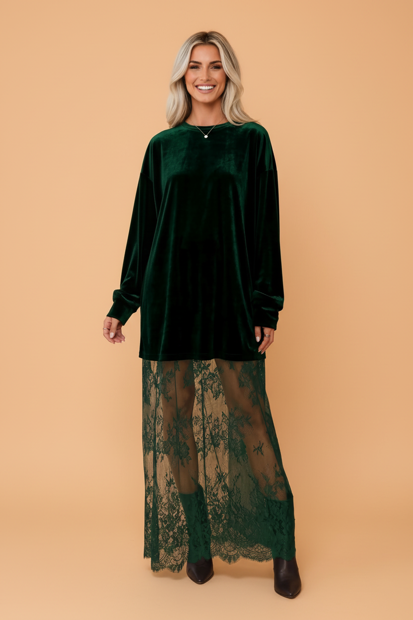 Solid Velvet Lace Hem Long Sleeve Maxi Dress