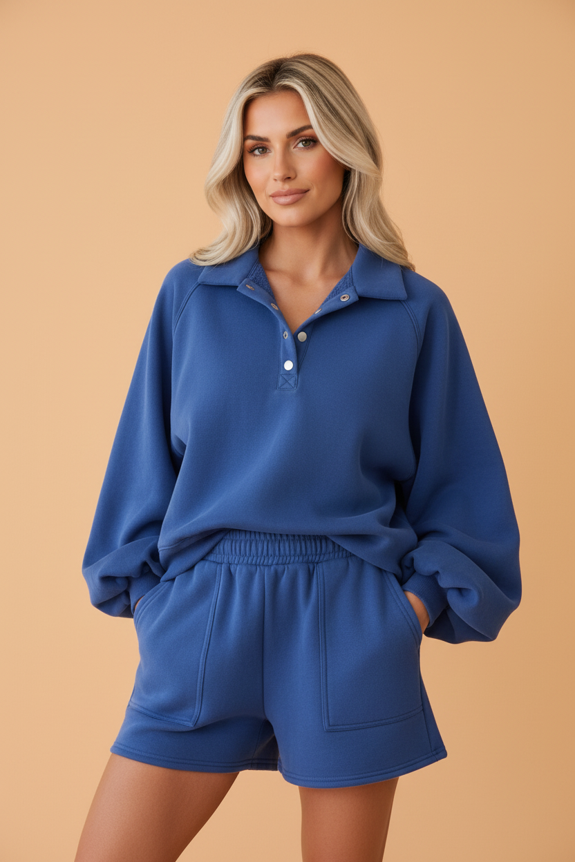 Solid Half Button Puff Sleeve Polo Top & Shorts Set