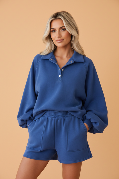 Solid Half Button Puff Sleeve Polo Top & Shorts Set