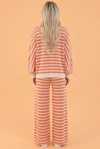 Stripe Textured Contrast Mock Neck Top & Pants Set