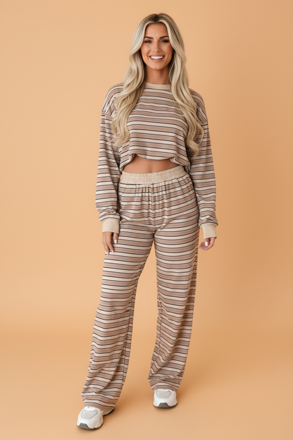 Striped Contrast-Trim Top & Wide-Leg Pants Set