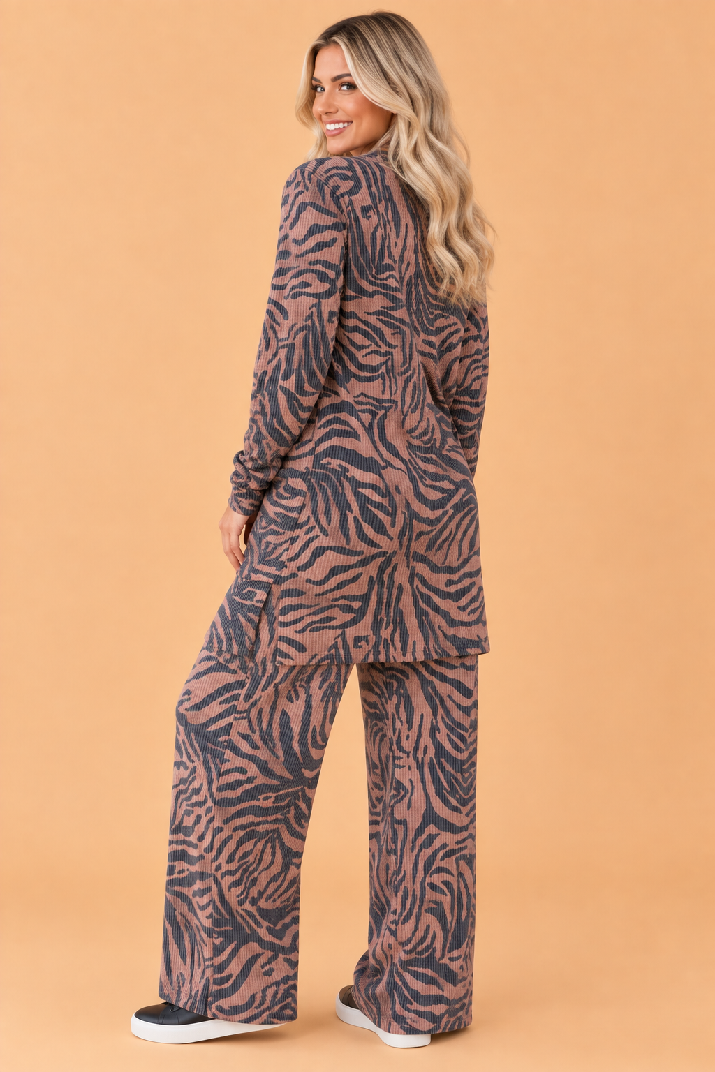 Zebra Corded Knit Longline Cardigan & Pants Set