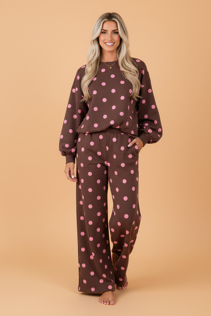Polka Dot Puff-Sleeve Top & Pants Set