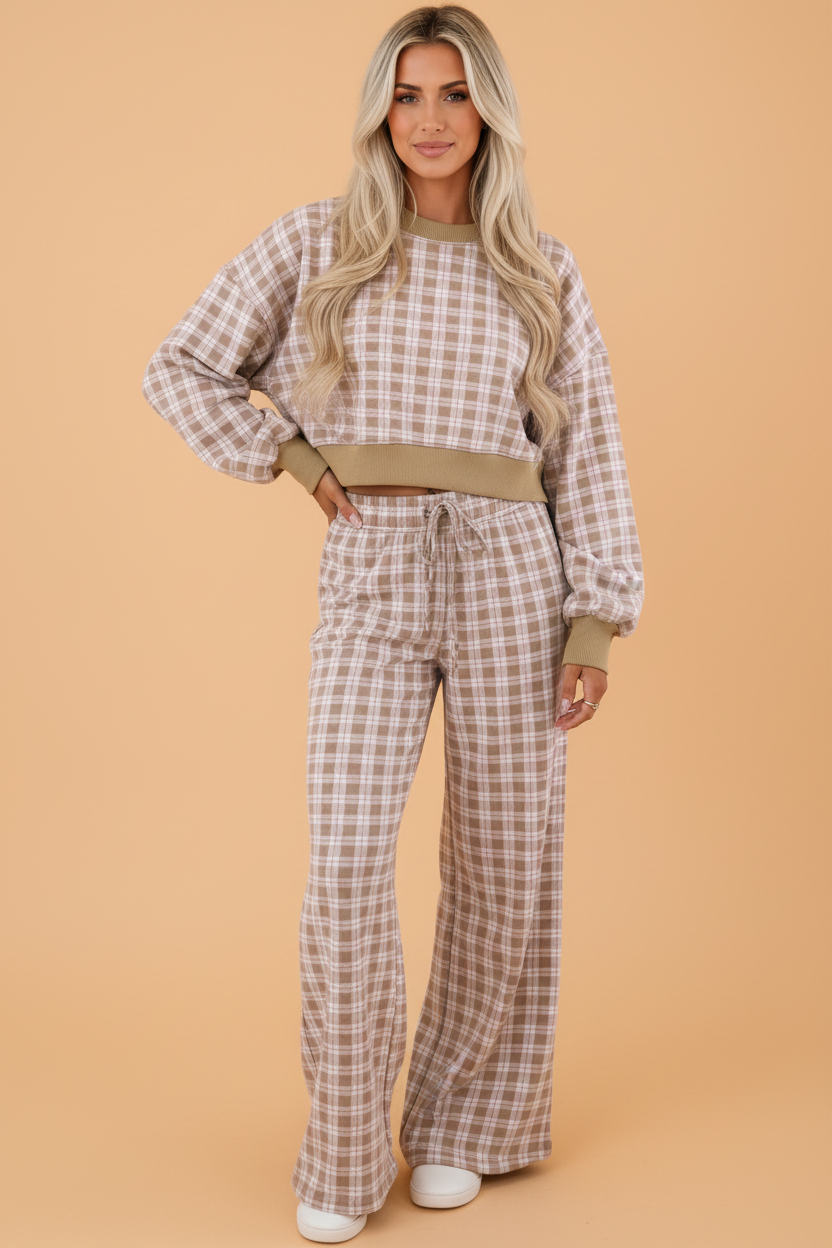 Plaid Contrast-Trim Crop Top & Pants Set