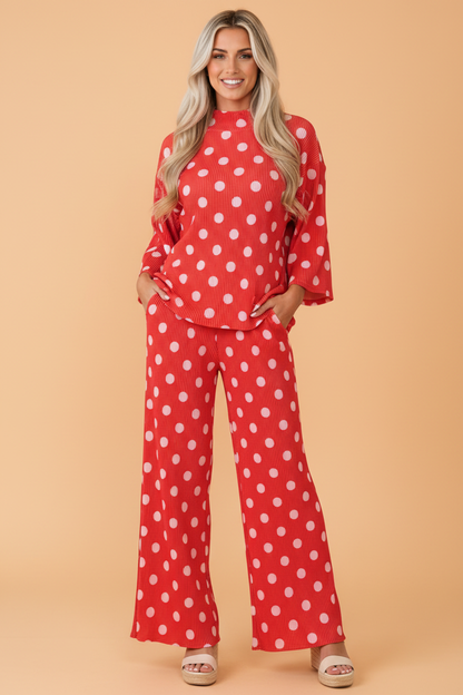 Polka Dot Ribbed Knit Mock Neck Top & Pants Set