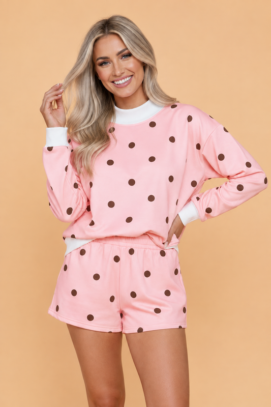 Polka Dot Ribbed Trim Mock Neck Top & Shorts Set
