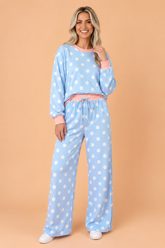 Polka Dot Contrast Trim Top & Drawstring Pants Set