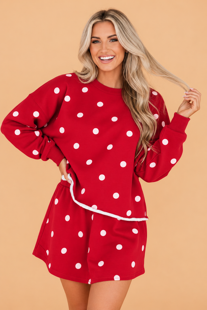 Polka Dot Raw Hem Sweatshirt & Skort Set