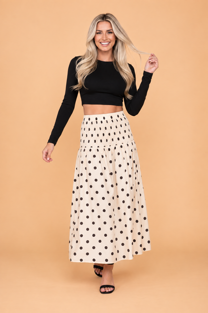 Polka Dot Smocked-Waist Midi Skirt