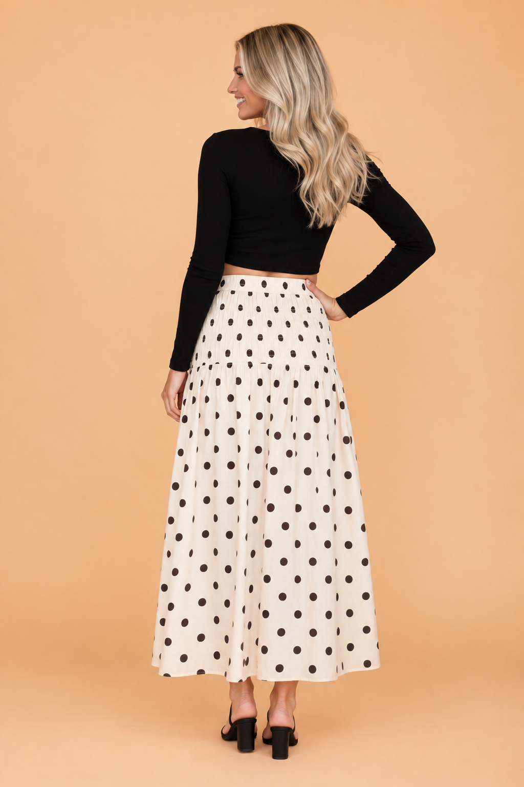 Polka Dot Smocked-Waist Midi Skirt — product image 2