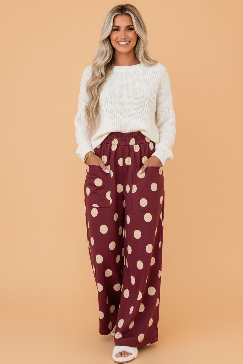 Polka Dot Elastic-Waist Wide-Leg Pants