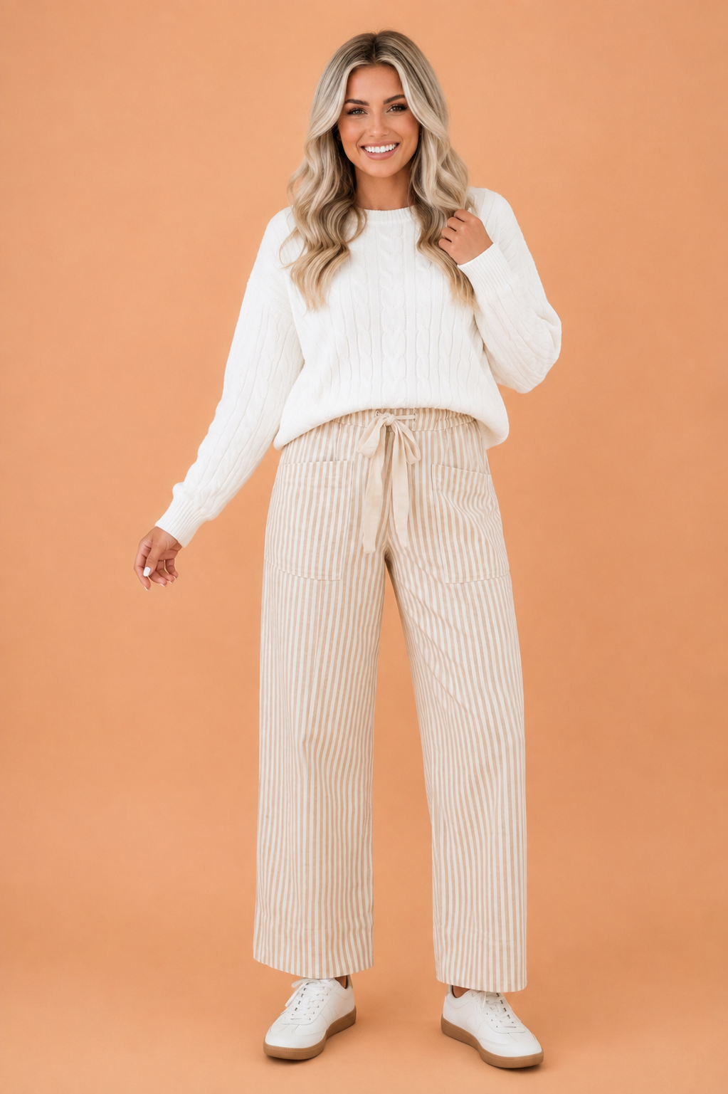 Apricot Stripe Wide-Leg Pants