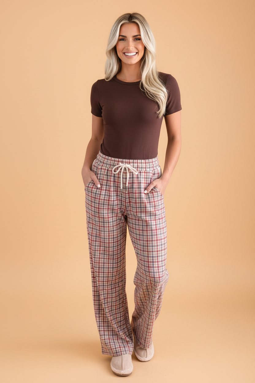 Plaid Drawstring Wide-Leg Pants