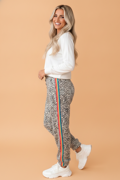 Leopard Side Stripe Buttoned High Waist Jogger Jeans — product image 3