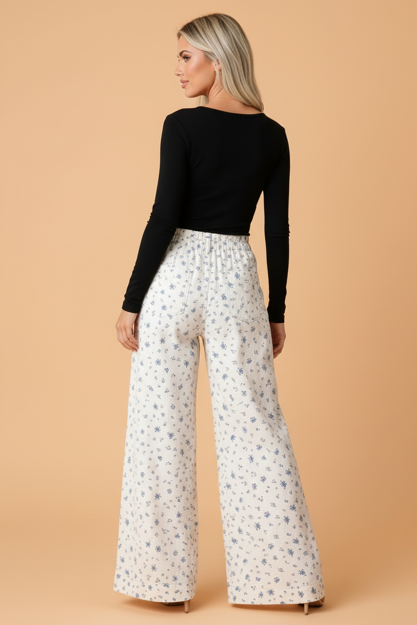 Floral Pleated Buttoned High Waist Wide Leg Jeans
