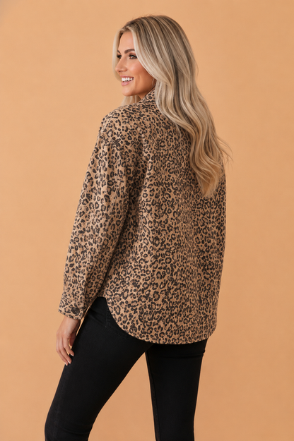 Leopard Denim Patch Pocket Buttoned Collar Jacket