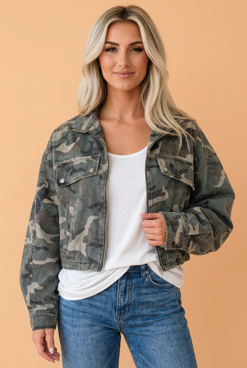 Camo Denim Puff-Sleeve Zip-Up Jacket