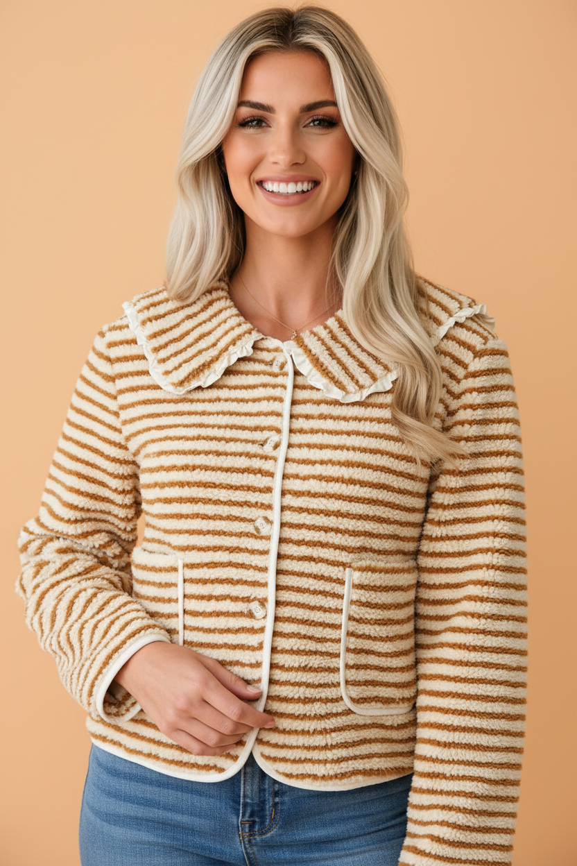 Brown Stripe Ruffle Collar Fleece Jacket