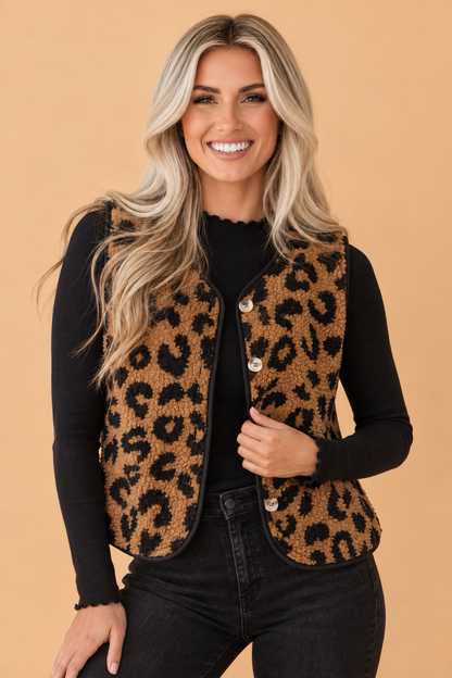 Leopard Sherpa Button Vest