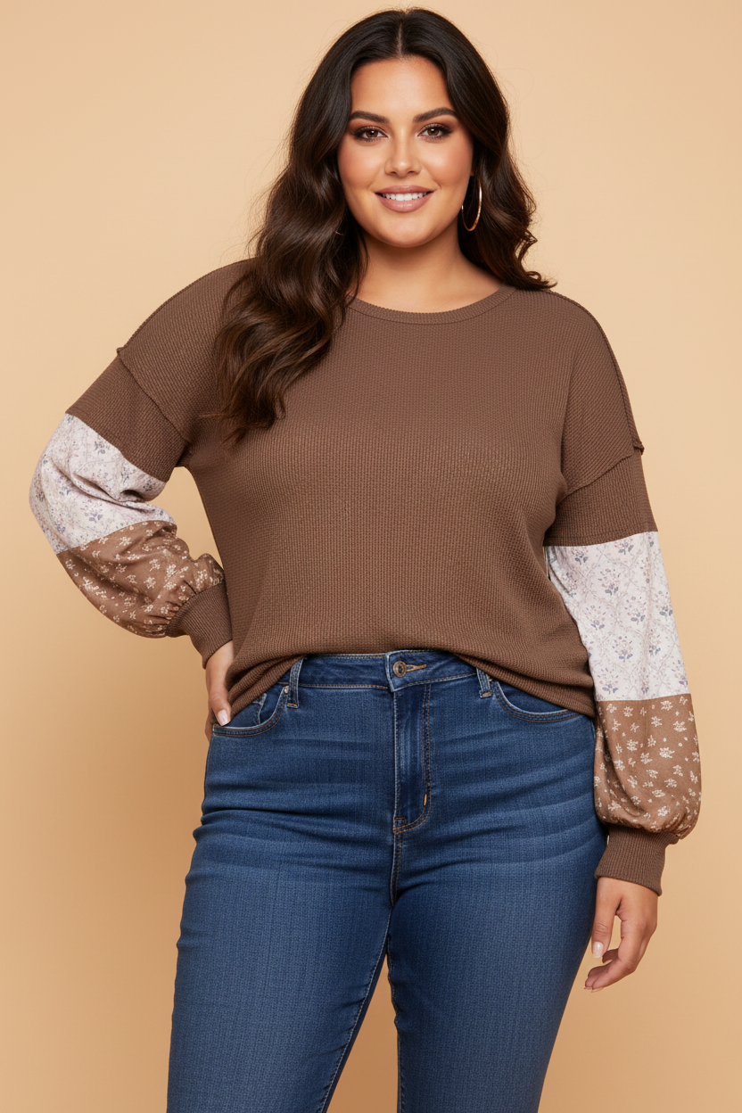 Plus Size Floral Patchwork Waffle-Knit Top