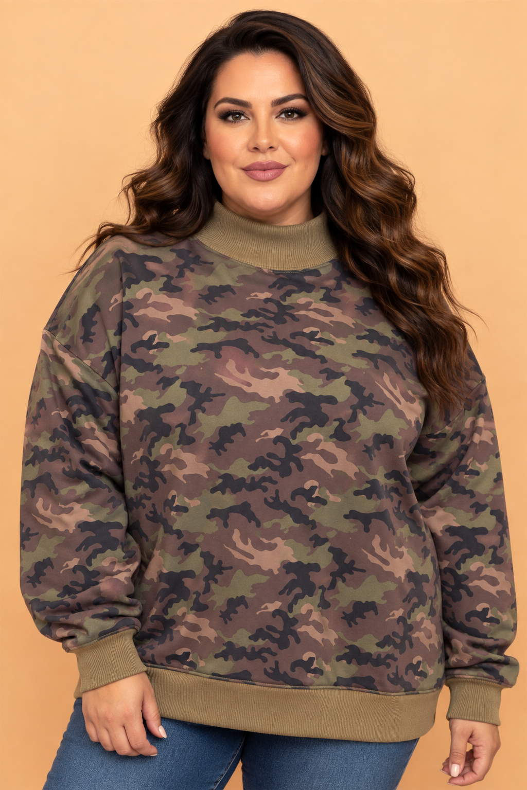Plus Size Camo Mock-Neck Sweatshirt