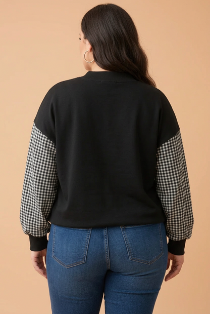 Plus Size Gingham Colorblock Mock Neck Sweatshirt