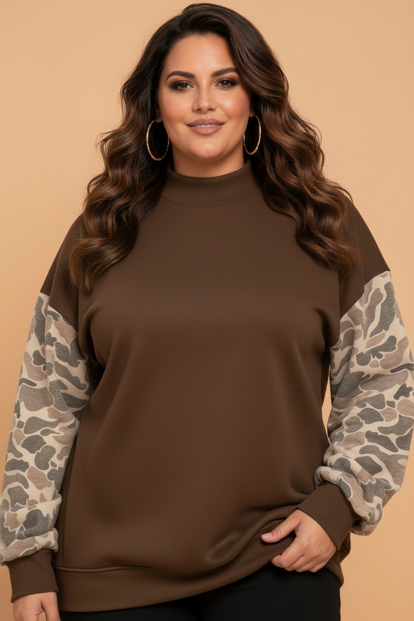 Plus Size Camo Patchwork Mock-Neck Sweatshirt