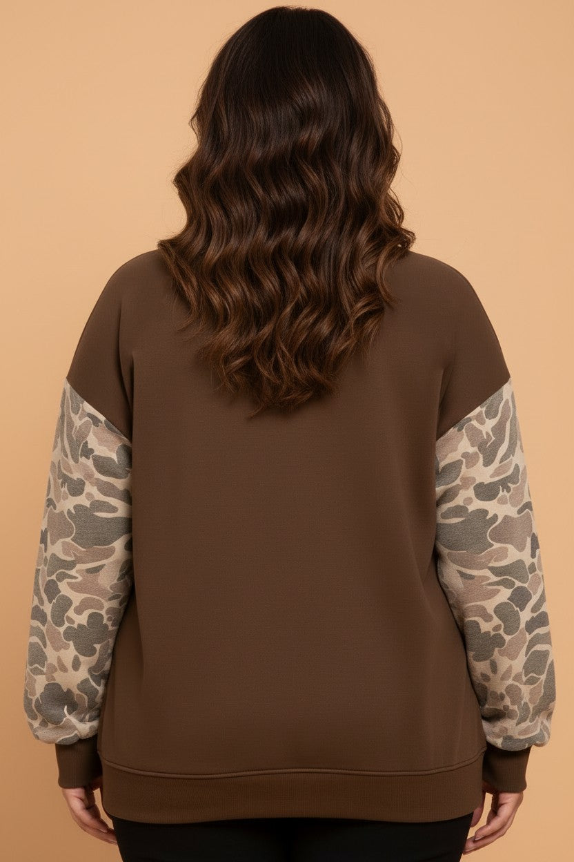 Plus Size Camo Patchwork Mock-Neck Sweatshirt — product image 2