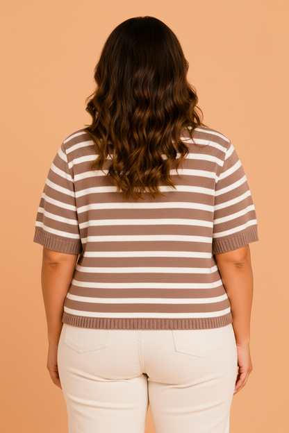 Plus Size Stripe Short Sleeve Button Front Cardigan