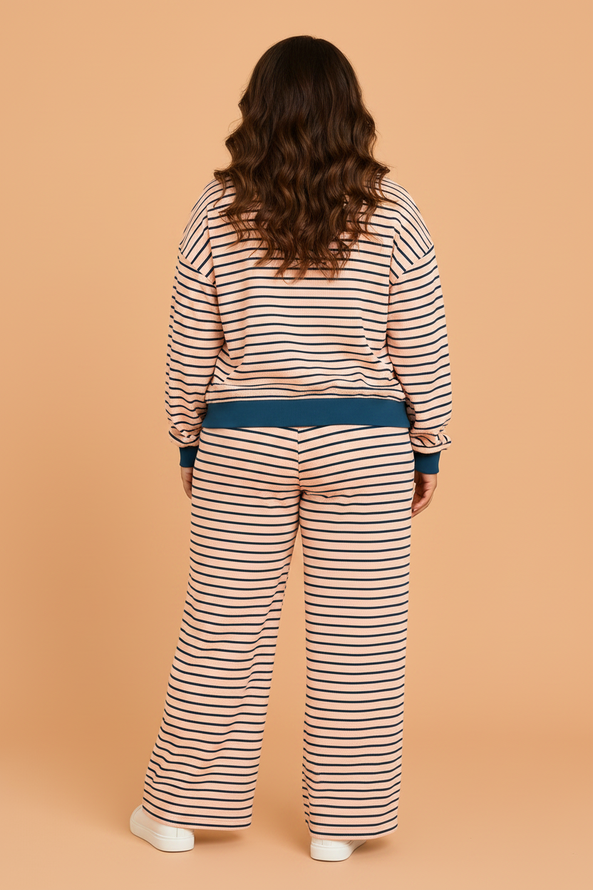 Plus Size Pink Stripe Zip-Neck Lounge Set