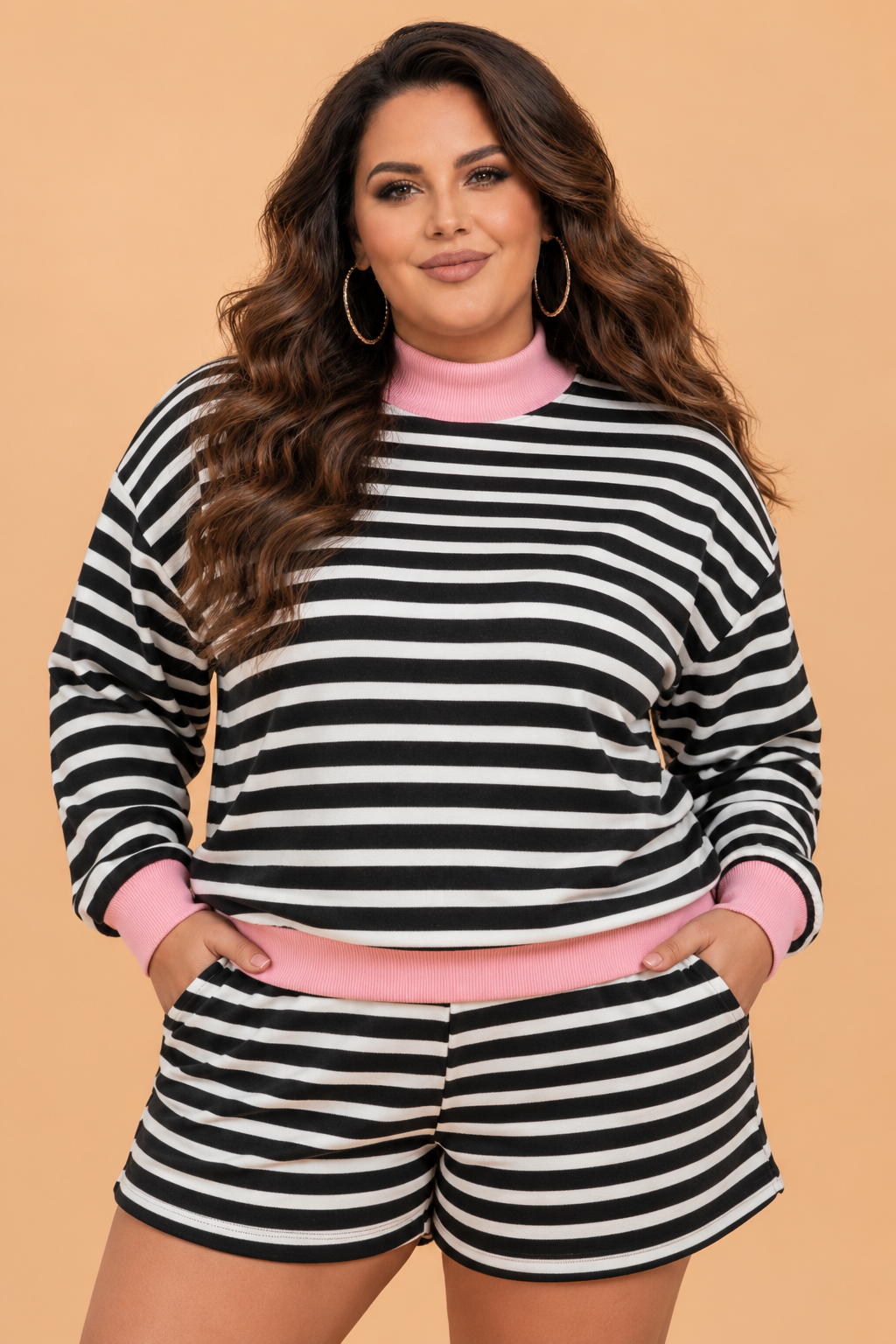Plus Size Striped Colorblock Top & Shorts Set