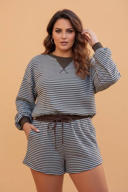 Plus Size Striped Top & Drawstring Shorts Set