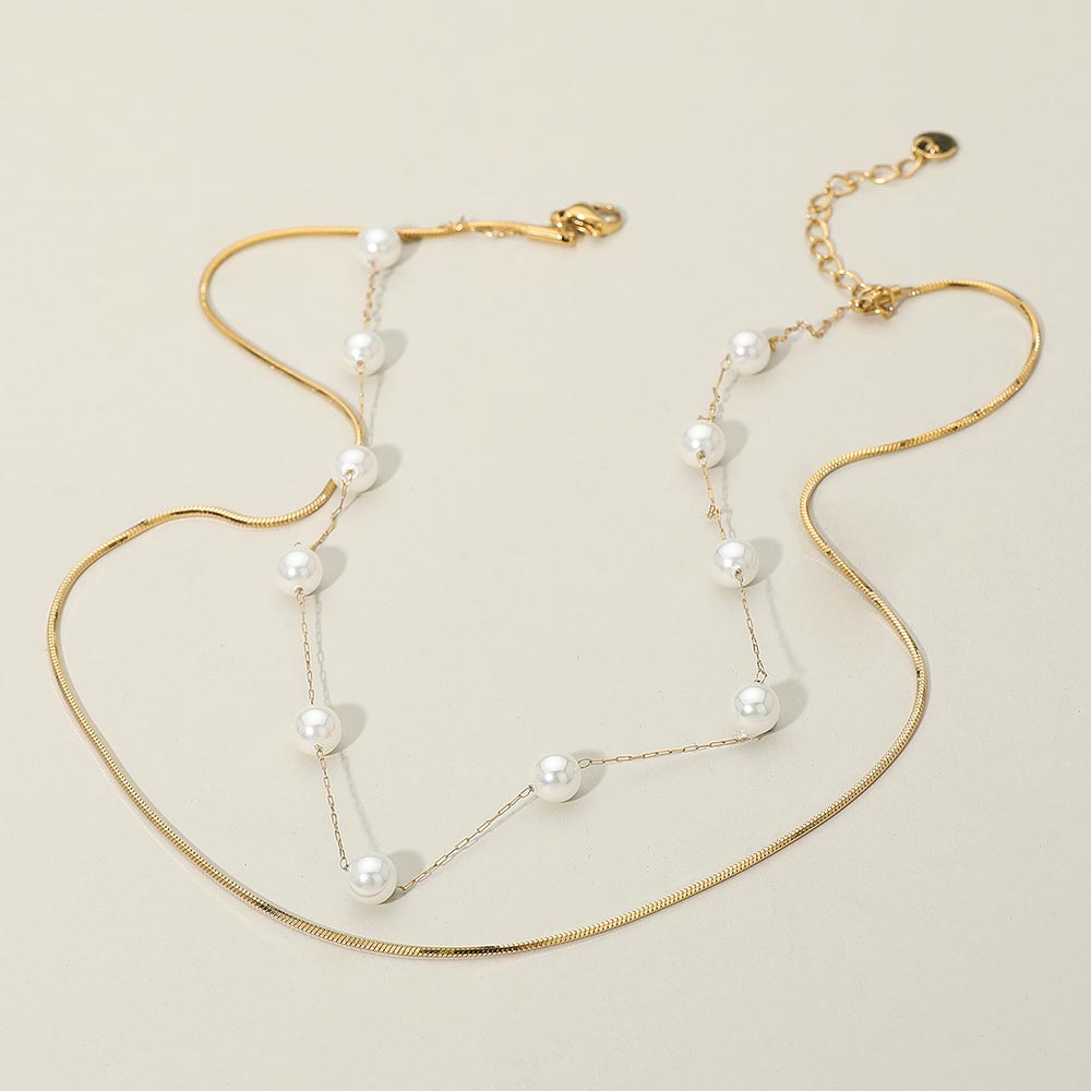 SECRET BOX_Stainless Steel Pearl Sleek Box Chain Layered Necklace