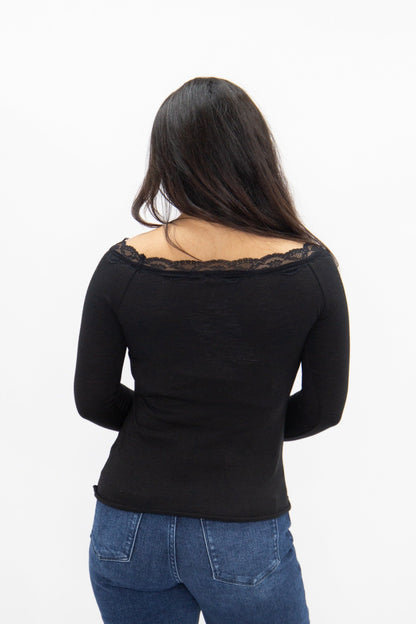 Longsleeve Off-the-Shoulder Top with Lace Trim, Black