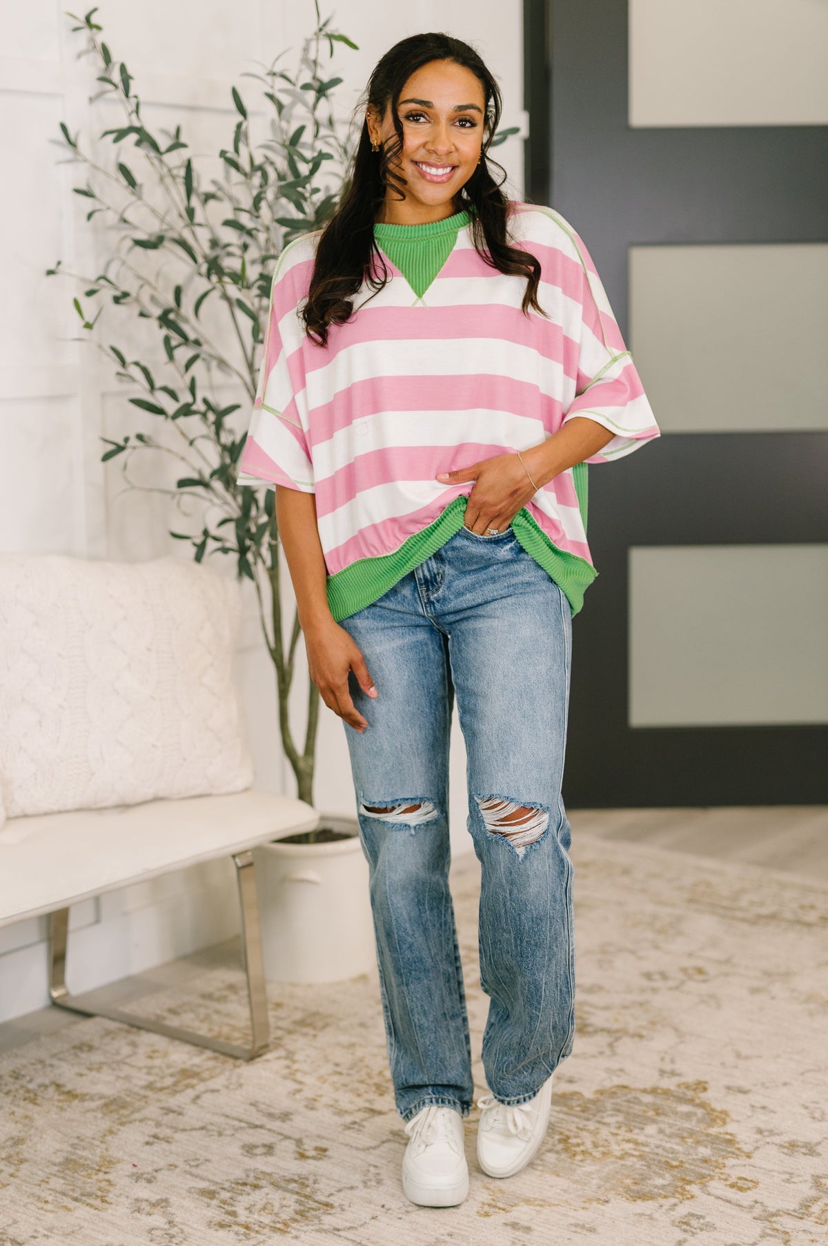 What's a Girl to Do Contrast Trim Relaxed Top