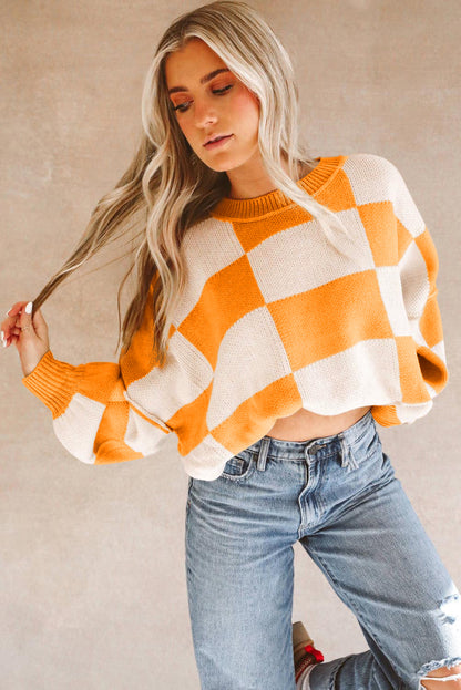 Cedar Checkered Bishop Sleeve Sweater