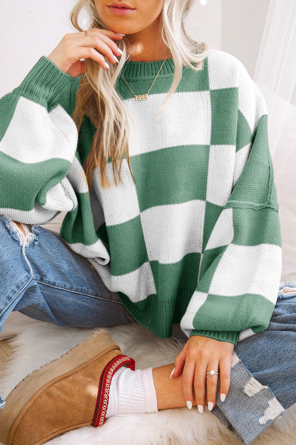 Cedar Checkered Bishop Sleeve Sweater