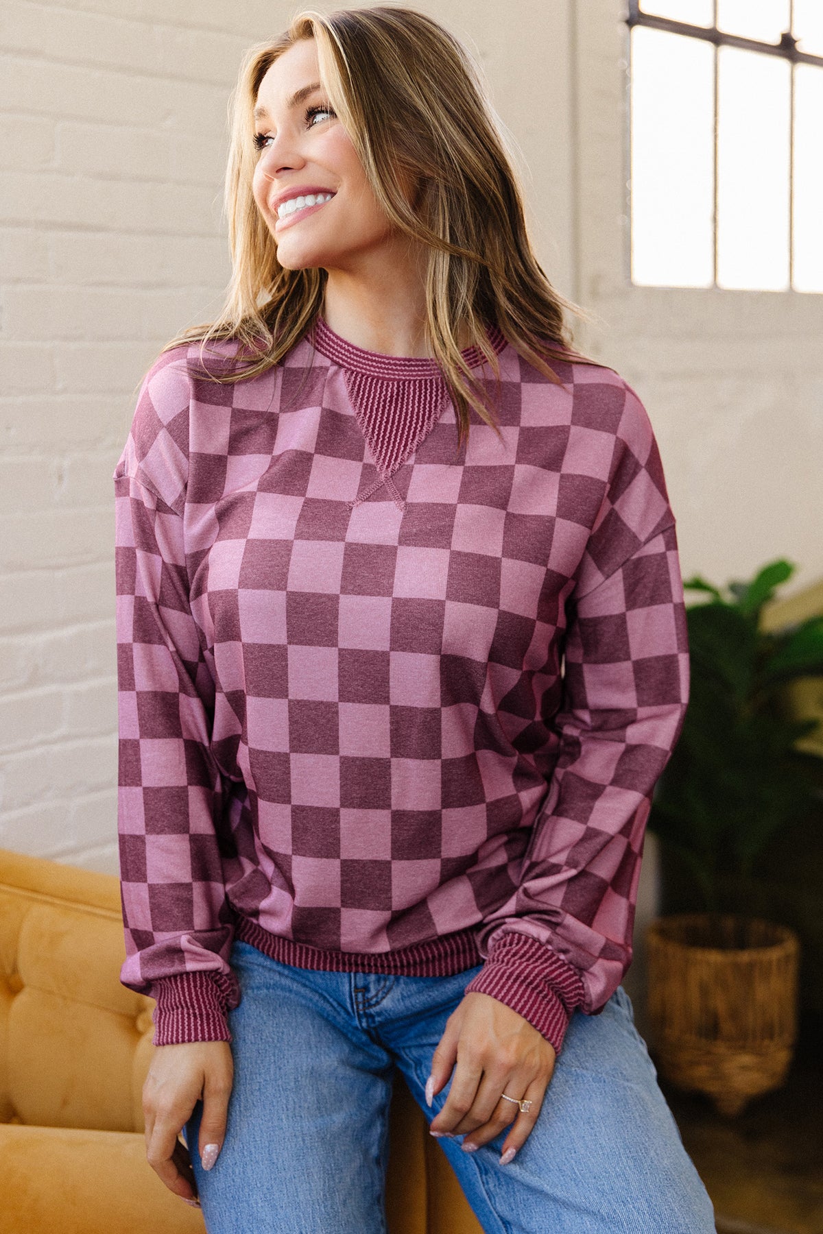Red Check Ribbed-Trim Pullover