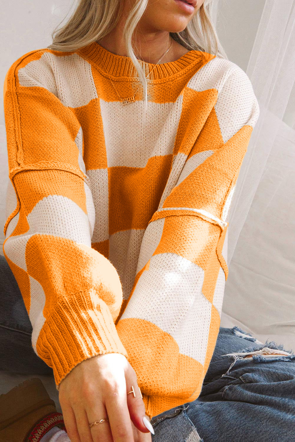 Cedar Checkered Bishop Sleeve Sweater