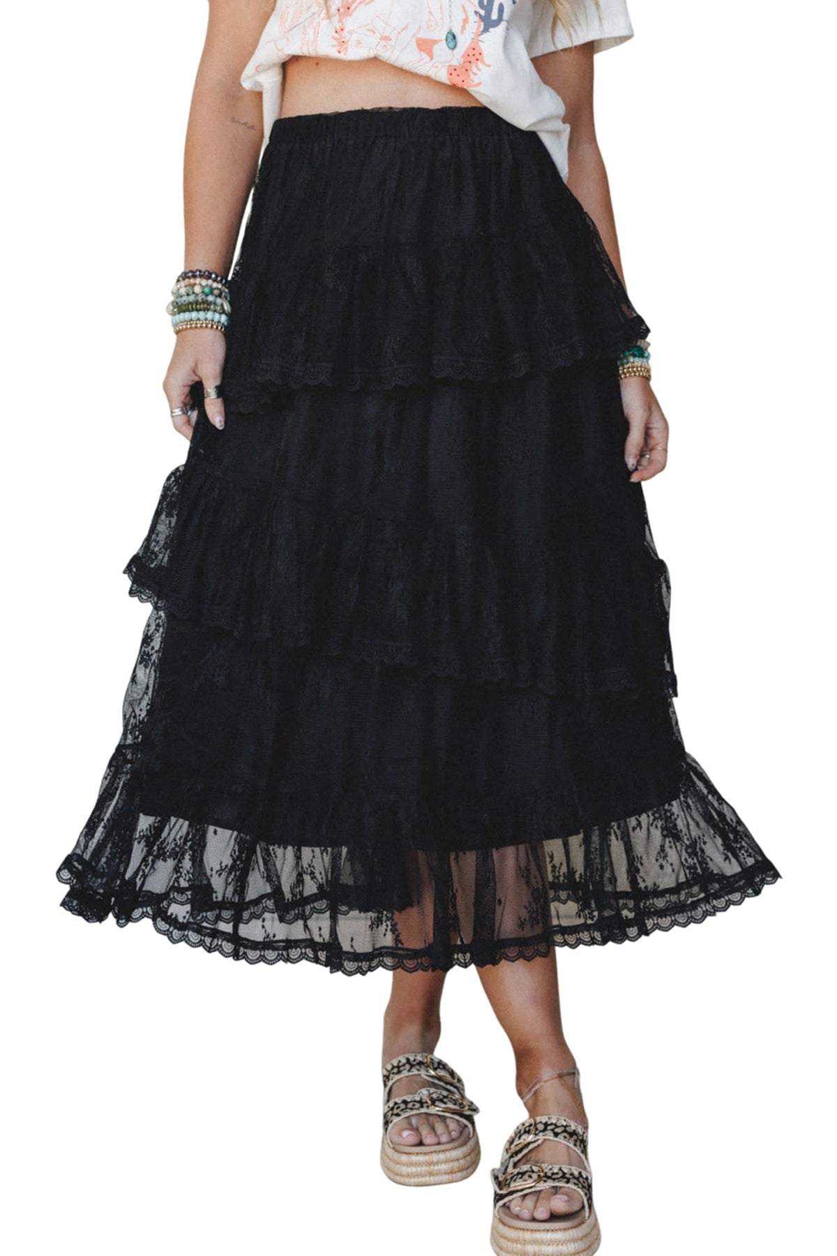 Black Ruffled Lace Midi Skirt