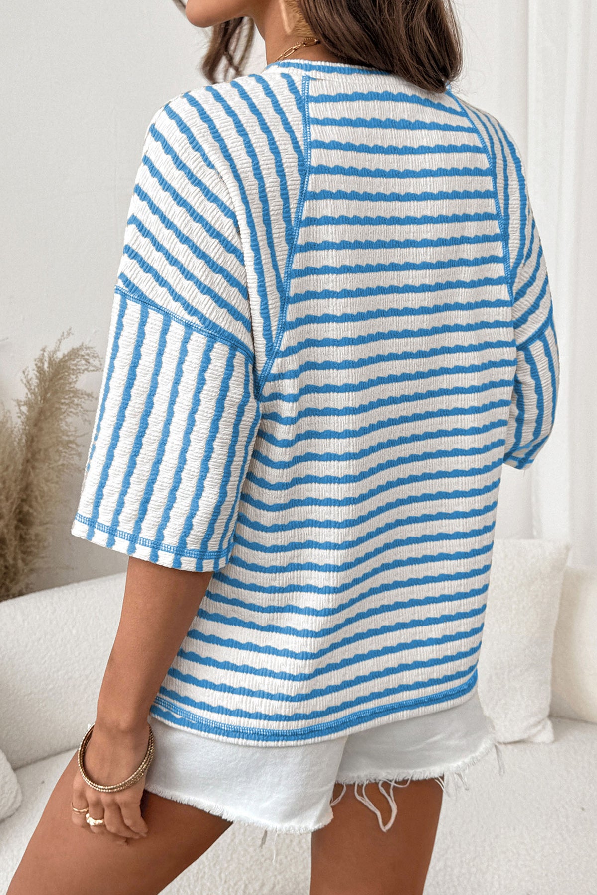 Textured Knit Split Hem Half Sleeve Loose Top