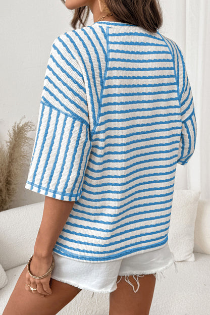 Textured Knit Split Hem Half Sleeve Loose Top