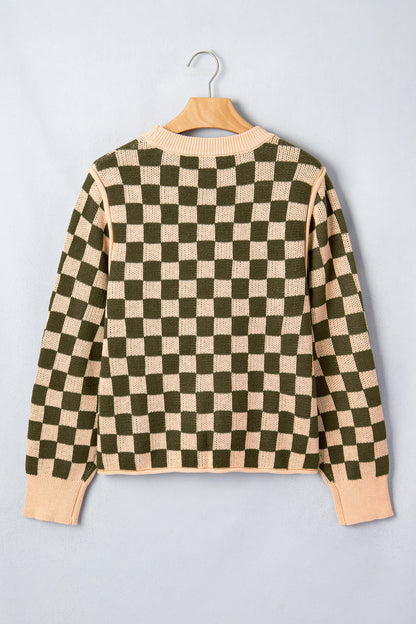 Checker Drop Shoulder Long Sleeve Knit Sweater