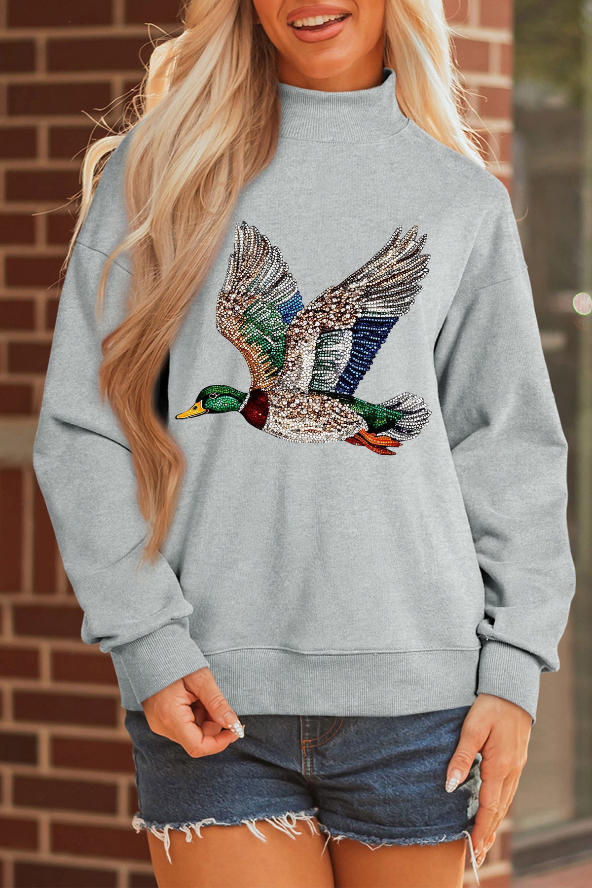 Gray Western Style Mallard Duck Printed Graphic Baggy Mock Neck Sweatshirt