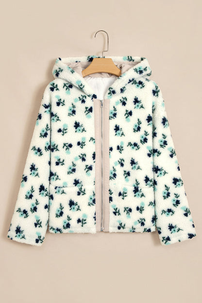 Floral Sherpa Fleece Zip-Up Hooded Jacket
