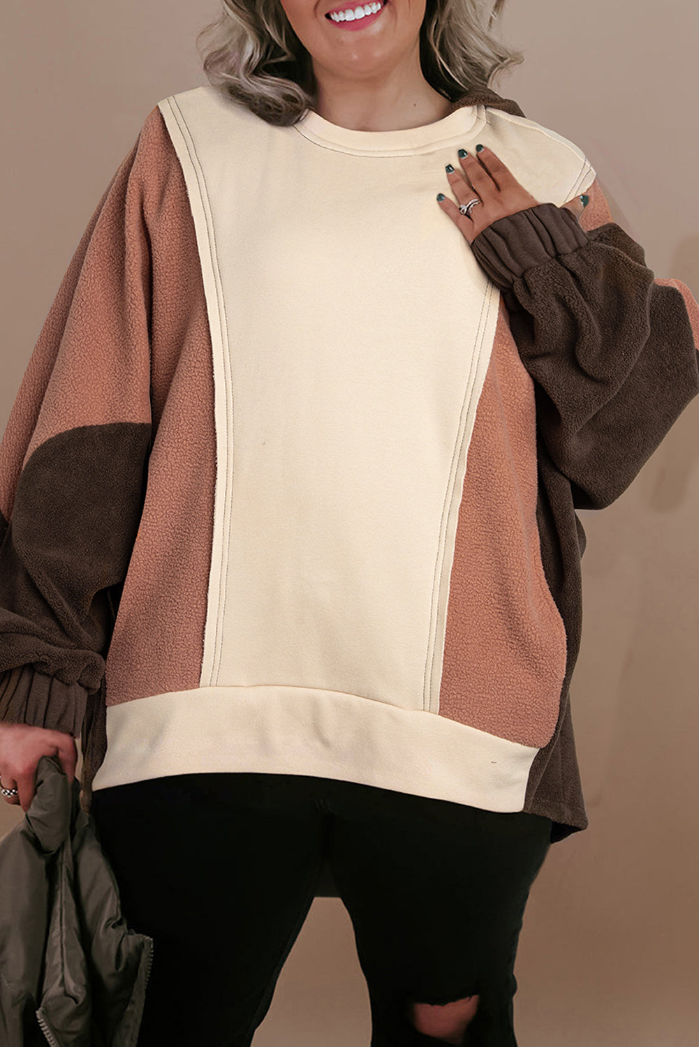 Brown Exposed-Seam Colorblock Hoodie