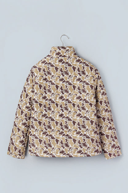 Camo Quilted Button Collar Long Sleeve Puffer Coat