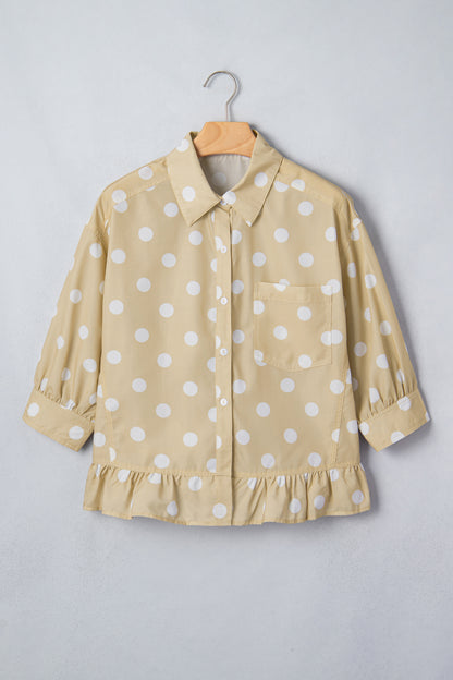 Polka Dot Print Three Quarter Sleeve Ruffle Hem Shirt