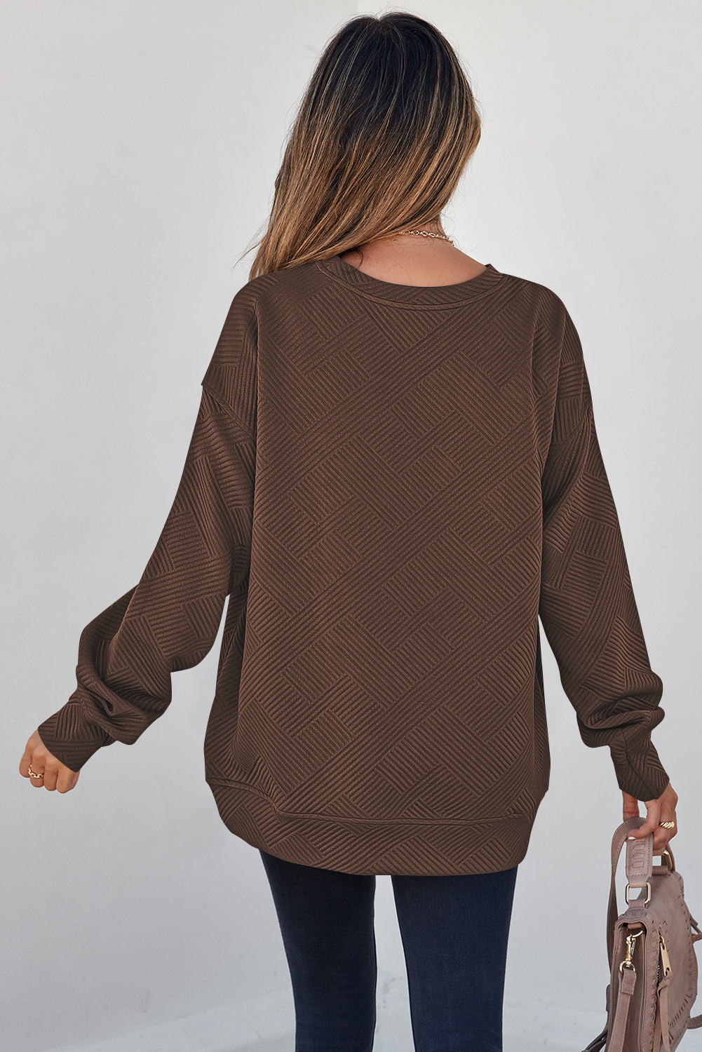 Textured Round Neck Drop Shoulder Pullover Sweatshirt