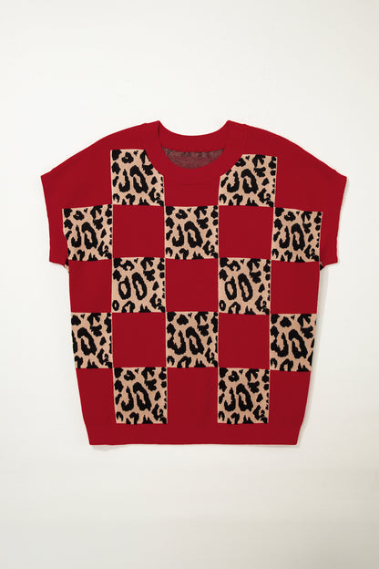 Leopard Checkered Short Sleeve Sweater